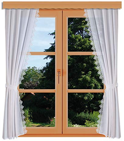 Seitenschalgarnitur Lydia Vogtländische Spitze weiß | 4-teiliges Vorhang-Set 2 Dekoschals und 2 Raffhalter | hochwertige Landhaus-Übergardine Stickerei in Häkelmuster-Optik Höhe x Breite 140 x 80 cm