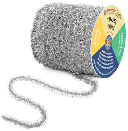 Mandala Crafts Silver Tinsel Garland – 30 Feet Thin Metallic Foil Glitter Garland for Christmas Tree, Party, Wedding Decor, and Holiday Decorations