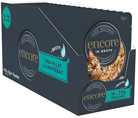 Encore Comida húmeda 100% Natural Premium para Gatos, Filete de atún con anchoa en Caldo para Gatos Adultos, Paquete de 16 Bolsas de 70 g