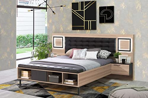 Forte Sirius Crown Bett + 2 Nachtkommoden mit 1 Tür und 2 Schubladen, Holzwerkstoff, Comano Pflaume/Schwarzeiche, B x H x T: 266,8 x 119,7 x 234,5 cm