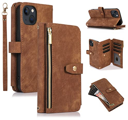 UEEBAI Hülle für iPhone 13 6.1 inch, 9 Kartenfäche Retro Leder Geldbörse Stoßfest Flip Case mit Handschlaufe Standfunktion Reißverschluss Handyhülle Magnetverschluss Wallet– Retro Braun