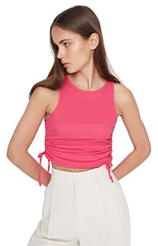 Trendyol Women Fitted Crew Neck Knit Blouse Mujer Loungewear Blusa de Punto básica Ajustada con Cuello Halter, Fucsia, S