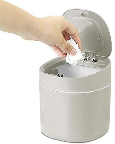 Pattumiera da Tavolo, Cestino con Coperchio, Pattumiera Piccoli Uffici, per Bagno, Cucina, Portatile Portarifiuti, Grigio