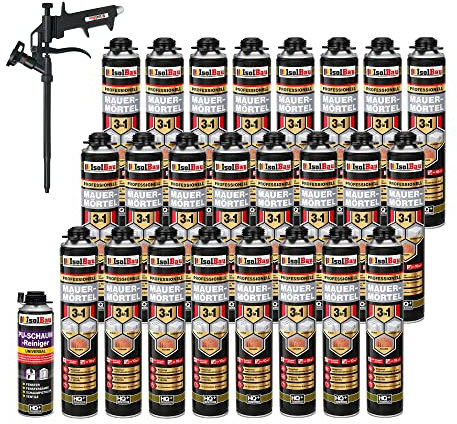 Isolbau Mauermörtel Set: 24x 750 ml PU-Mörtel 1x 500 ml Pistolenreiniger 1x Teflon Schaumpistole, PU-Reiniger, Montageschaum, Pistolenschaum