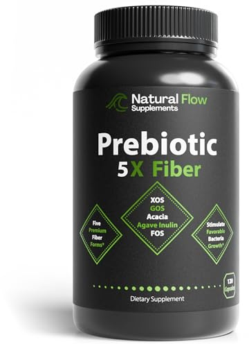 Prebiotic Fiber Supplement 5-in-1 Capsules - Natural Flow 5X Fiber XOS, GOS, FOS, Acacia and Agave Inulin, Daily Soluble Fiber Formula for Gut Support and Boost Good Bacteria Diversity, 120 Caps
