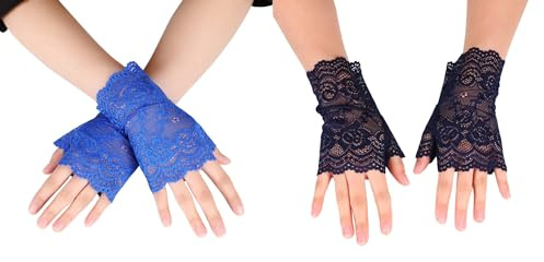 2 Paar Damen Fingerlose Spitzen Handschuhe,Kurze Hochzeitshandschuhe, | Kurz Geschnittene Fingerlose Gloves Damen Braut,für Bankett,Party,Hochzeit,Tea Party Zubehör,Königsblau + Navy blau
