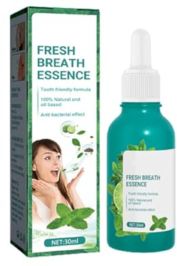 Fresh Breath Esencia de cuidado bucal, suero eliminador de mal aliento, gotas refrescantes naturales para el aliento, dura hasta 8 horas, sabor a menta, fácil de transportar (1 unidad)