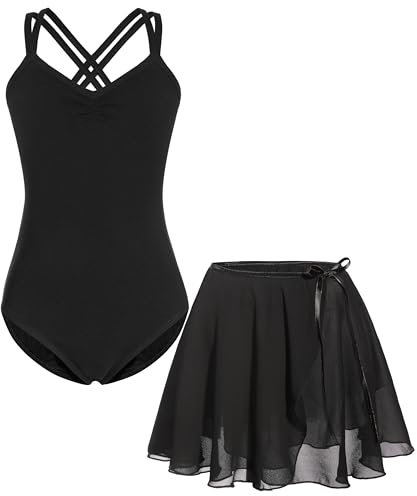FONLAM Ballettkleid Ballettkleidung Turnanzug Mädchen Baumwolle Tanzkleid Ballett Trikot Ballettrock Gymnastikanzug (8-9 Jahre, Schwarz)