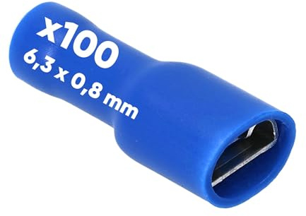 Kalitec 100x Flachsteckhülsen Blau 6,3x0,8-1,5-2,5mm² Kabelverbinder | Vollisolierte Steckverbinder aus Messing - PVC Kragen - Flachstecker Set für Kfz, Schaltschrankbau und Industrie - AWG 16-14