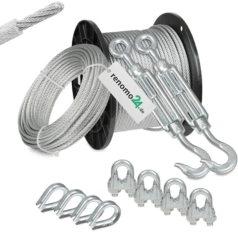 Renomo24 Drahtseil Set 4 - Stahlseil 10m 6mm 6x7 verzinkt und ummantelt, 2x Spannschloss Haken/Öse, 4x Bügelklemmen, 4x Kauschen