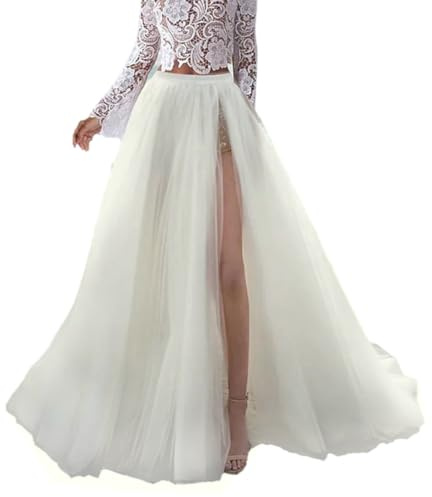 Damen Tüll Maxi Rock Bodenlang - Geschwollener Brautrock Mit Puff Schwanz für Hochzeit, Party, Weihnachten, Geburtstag - Elfenbeinweiß