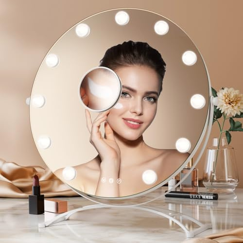 Heilmetz Hollywood Vanity Mirror 50 cm Round, 3 Light Colours, Dimmable | 11 Bulbs, 7× Detachable Magnifying Mirror, 360° Adjustable Tilt, Touch Control, Memory Function, White Freestanding Base