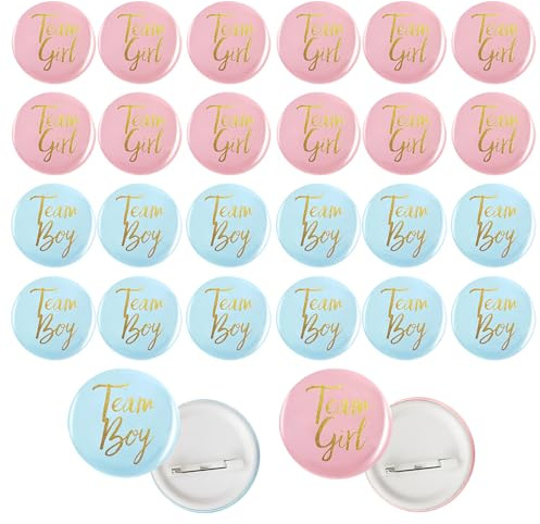 24 Stück Boy or Girl Deko Insignien, Gender Reveal Party Insignien Anstecknadeln, Gender Reveal Insignien, Baby Party Spiele Insignien（Blau und Rosa）