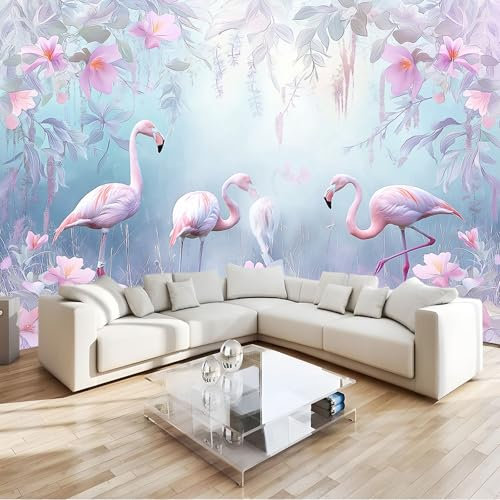 3D Papier Peint Panoramique Tapisserie Intissé Murales Peinture Flamant Rose Forêt Enchantée Rose, Papier Peint Enfant pour Salon Chambre Décoration Murale, Papier Peint 300x210 cm Chambre Enfant