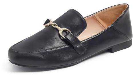 Feversole dammode daglig komfort mjuk penny loafer kontor arbetskläder, Svart veganskt läder gyllene spänne, 5 UK