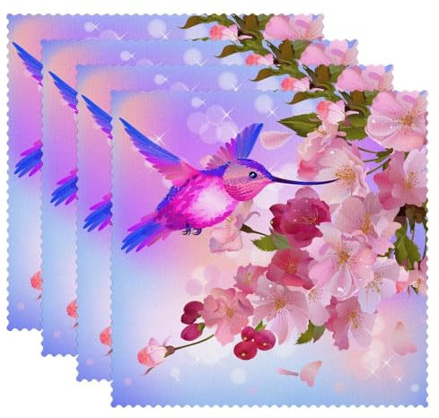 LVTISEE Set di 4 tovagliette quadrate retrò con colibrì e fiori di pesco rosa, resistenti al calore, antimacchia, per tavolo da pranzo e cucina, 30,5 x 30,5 cm