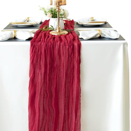 Boho Gaze Etamine à Fromage poussiéreux Chemin de Table, Chemin de table en mousseline de soie, écoration de table bohème, pour mariage, décorations festives et grandes fêtes, 90 x 300 cm, bordeaux