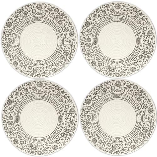 Encasa XO Placemats, Round Cotton Handcrafted Mats 32 cm Grey | Handcrafted Coiled Rope Cotton | Ribbed Texture | Non-Slip Heat Protection | Machine Washable | Set of 4