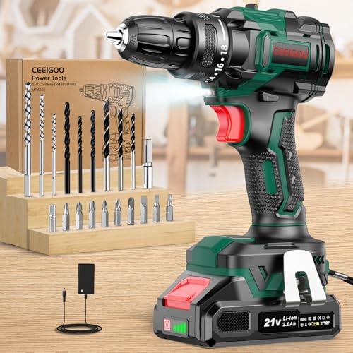 Trapano Avvitatore Batteria Brushless 21V, Avvitatore a Batteria con Batterie da 2.0Ah, 42 N.m Avvitatore Elettrico, 2 Velocità, 18+1 Coppia, 22 Accessori, LED Luce per Casa Progetto