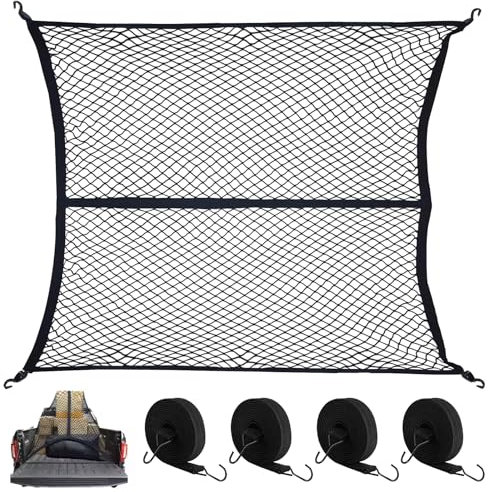 Rete da Carico per Camion, 1,2 x 1m, estensibile fino a 2,1 m x 2 m (Monostrato), con 4 Cinghie di Fissaggio, Rete per Bagagli Altamente Elastica, Reti Bagagliaio Auto, per Camion, Auto, Camper