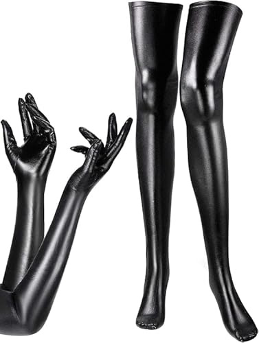 Zac's Alter Ego Adult Latex Sexy Faux Leather Long Black Wet Look Shiny Gloves & Hold-Up Stockings Set - Great for Halloween, Cosplay, Formal Occasions, Opera, etc...