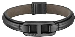 BOSS Jewelry Bracelet pour Homme Collection KODE avec Cuir Noir et un Maillon en Acier Inoxydable Noir - 1580784M
