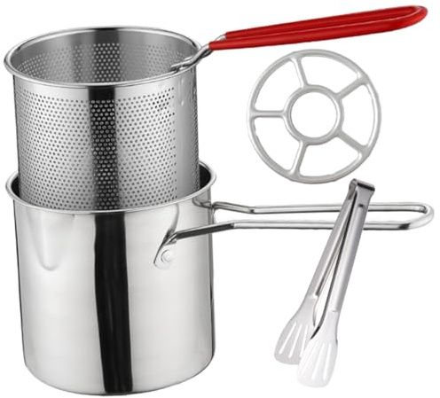 Hemobllo Freidora de Acero Inoxidable 304 Mini con Cesta Metálica y Olla para Freír Alimentos, Mango Ergonómico, Conductividad Térmica para Cocina y Fritura Doméstica, Kit Versátil