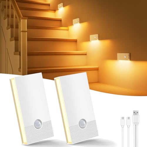 Swoieltr Veilleuse detecteur de mouvement, Lot De 2 Lampe Detecteur de mouvement interieur 2700K, USB Rechargeable Veilleuse à Induction pour Armoires, Chambres, Escaliers, Cuisines, Couloirs, Blanche