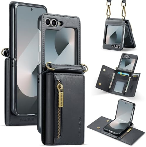 Funda tipo cartera para Samsung Galaxy Z Flip 7, funda de piel mate, cierre de cremallera, correa de hombro desmontable, diseño de hebilla, color negro