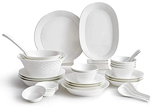 Resistant Dinner Set,32 Pieces Luxury Art Dinnerware Sets, Pure White Relief Thicken Ceramics Dinner Sets, Complete Porcelain Combination, Dishwasher and Microwave Safe,