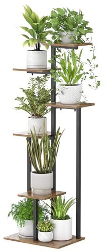 LOOBOV Soporte para Plantas de Metal Negro de 6 Niveles, Estantería Estable para Plantas, Ahorra Espacio, Taburete de Madera para Flores, Para Interiores y Exteriores, Para Salón, Balcón (6 niveles)
