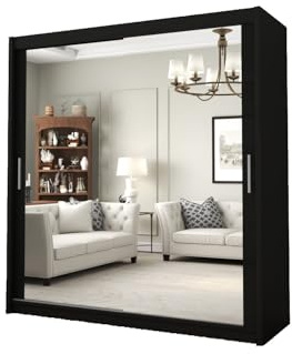 DELUXEWARE 2&3 Sliding Door Wardrobe - Elegant Wardrobe with Double Full-Length Mirror, Hanging Rail & Shelves | Sleek Matt Finish Bedroom Wardrobes with Strong Mdf Construction (Black, 120cm)