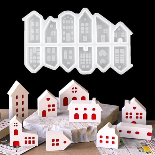 LACHT Silikonformen Gießformen Häuser, Kleine Silikonform Haus Mit 12 Fächern, Silikonform Haus 3D, Gießformen Silikon Häuser, Zum Ausgießen Mit Resin Gießharz, Wachs, Gießform Häuser