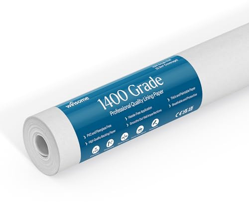 WINSOME Lining Paper for Walls 10m x 53cm Wallpaper for New & Damaged Ceiling & Walls for Paint Easy to Install & Remove Heavy Duty Paintable Plain White Lining Paper | 10M Roll (1400 Grade)