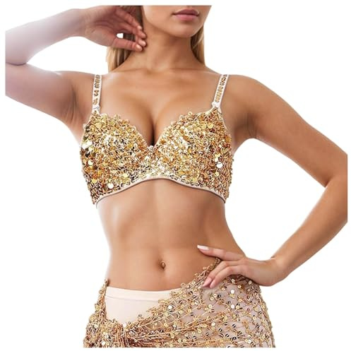 Fulidngzg Vestito Carnevale Donna - Costume Danza del Ventre in Nylon con Top Paillettes a Reggiseno/Gonna Frange Vestiti Anni 20 Charleston Sera Abito Elegante da Ballo Latino Americano Curvy,Oro,M
