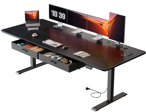 HLONONE 200 x 80 cm Höhenverstellbarer Schreibtisch mit Steckdose, Schwarz | 2 AC-Anschlüsse & 3 USB-Anschlüssen, 2 Schubladen, Memory Funktion, 72-117cm Höhenverstellbarer, für Homeoffice
