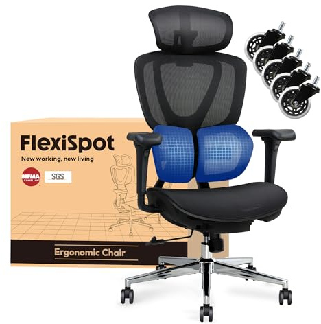 FLEXISPOT Ergonomischer Bürostuhl mit Gratis Klingenrollen, Arbeitsstuhl mit Dual-Wing Lendenstütze, 3D-Kopfstütze Armlehnen & Verstellbarer Sitztiefe, Höhenverstellbare Rückenlehne (Schwarz)