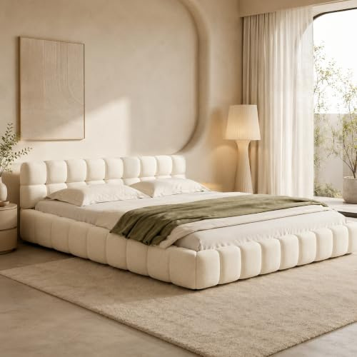 DULRLLY Polsterbett Bubble Bett 160x200 Doppelbett mit Lattenrost, Jugendbett mit Gepolstertes Kopfteil, Gepolstertes Bett für Schlafzimmer und Gästezimmer,ohne Matratze, Leinenstoff (Beige)
