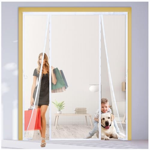 Magnetic Fly Screen for Double Doors, Anti-Mosquito Mesh Curtain with 4cm Widened Top Seal, Hands-Free Automatic Closure, No-Drill Installation for French, Patio & Sliding Doors,200x180cm,White