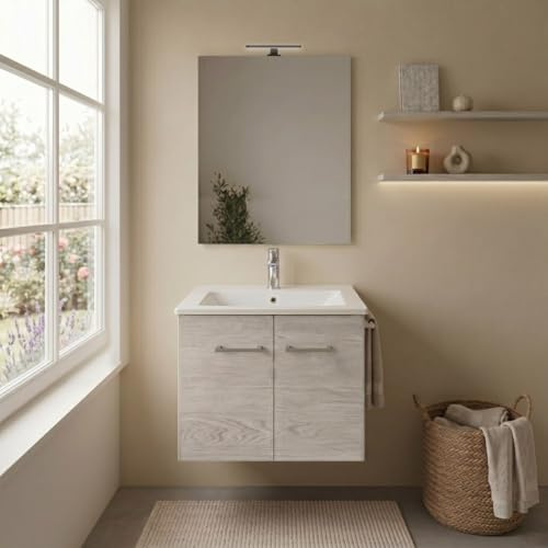 Kiamami Valentina Mobile Bagno Sospeso 60 Cm Rovere Bianco Con Specchio