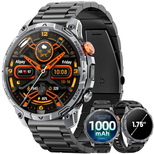 Haulvean Militaire Montre Connectée Homme, 1000mAh Batterie Smartwatch, Deux Bracelets, 1.75 HD Grand Écran, Lampe LED, 100＋Modes Sportifs, Surveillance Santé, Appel Bluetooth pour iOS Android（Noir）