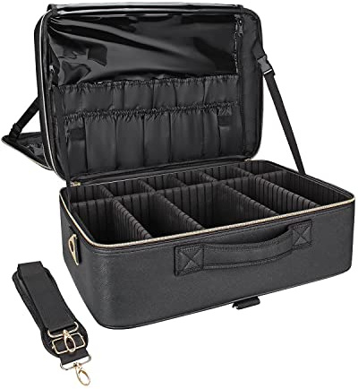 Relavel Extra Large Makeup Bag, Makeup Case Professional Makeup Artist Kit Train Case Travel Cosmetic Bag Brush Organizer, Waterproof Leather Material, with Adjustable Shoulder Straps and Dividers