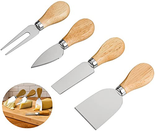 kuou 4Pcs Cheese Knife Set, Stainless Steel Cheese Knives Cheese Fork Cheese Shovel with Oak Handle for Parties and Picnics