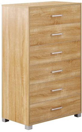 Brigros - Mobile Cassettiera in Legno 6 Cassetti con Guide in Metallo, Misure 68 x 40 x 115 cm, Comò Design Moderno Compatto con Maniglie in Alluminio e Piedini in ABS Silver (Rovere)