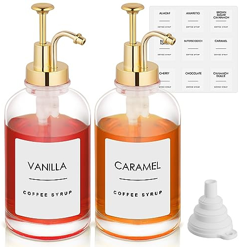 Coffee Syrup Dispenser, Pump Dispenser for Coffee Home Bar, Glass Syrup Bottle w. Gold Pump, Coffee Pump Dispenser Included Funnels and Labels, Set of 2, 16.9 oz 500 ml