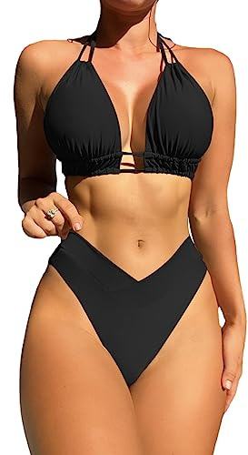 TOEECY Costume da Bagno Donna Due Pezzi Halter Neck Ruched Taglio Bikini Set Reggiseno con Fondo Pantaloncini da Bagno Vita Alta Sexy Push up Costumi da Mare Beachwear Swimwear (Nero,XL)