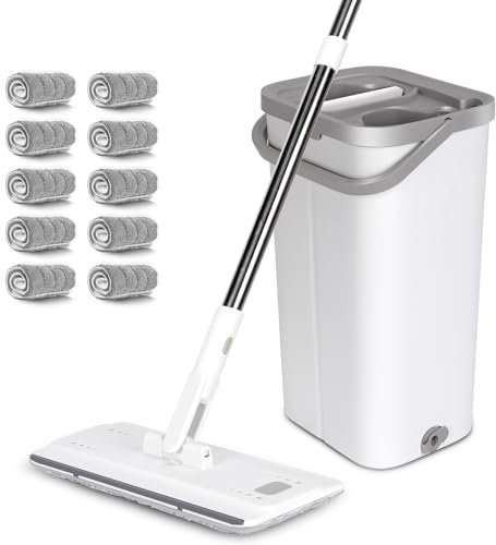 MASTERTOP Mocio Lavapavimenti in Microfibra e Secchio Strizzatore, Mocio Piatto Rotante 360°+ Secchio a 2 Scomparti di Mani Libere, con 5 Tamponis (Bianco)
