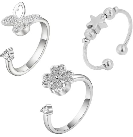 3 pz Anello Antistress con Perline per Donna - Regolabili Impilabili Fidget Spinner Anti-ansia (C)