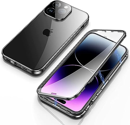 OUBELI Cover per iPhone 15 Pro Max Custodia Adsorbimento Magnetico Vetro Temperato Trasparente a Doppia Faccia 360 gradi protettiva Custodia Paraurti con telaio metallico- Nero