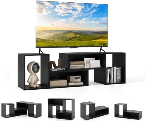 KOMFOTTEU Mueble TV Combinable de 2 Piezas, Soporte para TV de hasta 60 Pulgadas, Centro de Entretenimiento con Estantes Cerrados y Abiertos, Armario de Televisor Multifuncional para Salón (Negro)